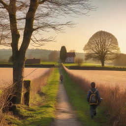 A tranquil rural path leading to a small countryside school at dusk