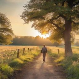 A tranquil rural path leading to a small countryside school at dusk