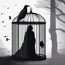 A raven is trapped in a cage, discovered by a mysterious woman