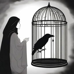 A raven is trapped in a cage, discovered by a mysterious woman