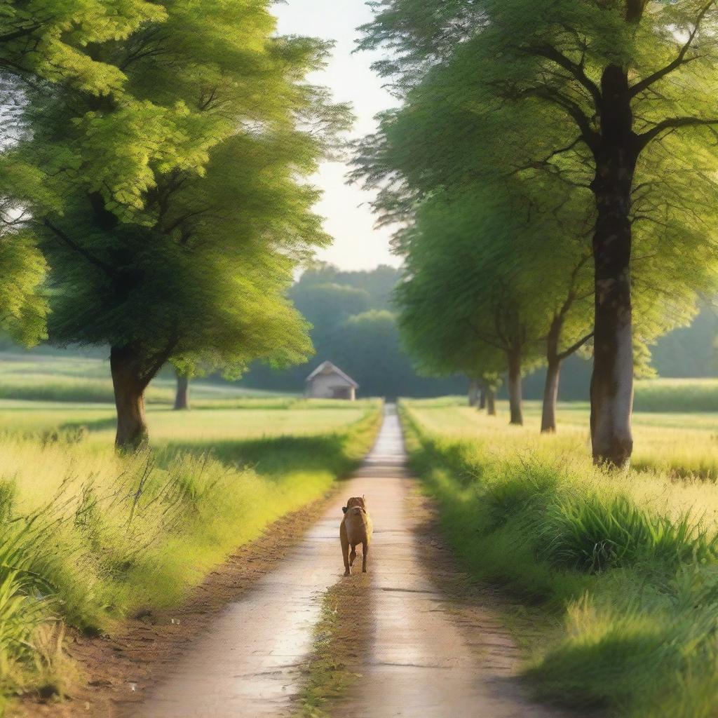 A picturesque rural road leading to a small countryside school, with a gentle stream running alongside it