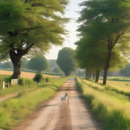 A picturesque rural road leading to a small countryside school, with a gentle stream running alongside it