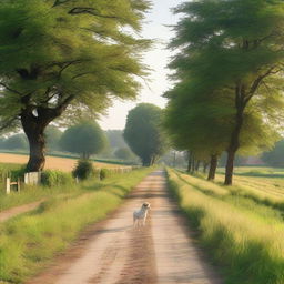 A picturesque rural road leading to a small countryside school, with a gentle stream running alongside it