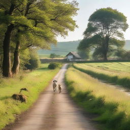 A picturesque rural road leading to a small countryside school, with a gentle stream running alongside it