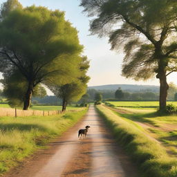 A picturesque rural road leading to a small countryside school, with a gentle stream running alongside it