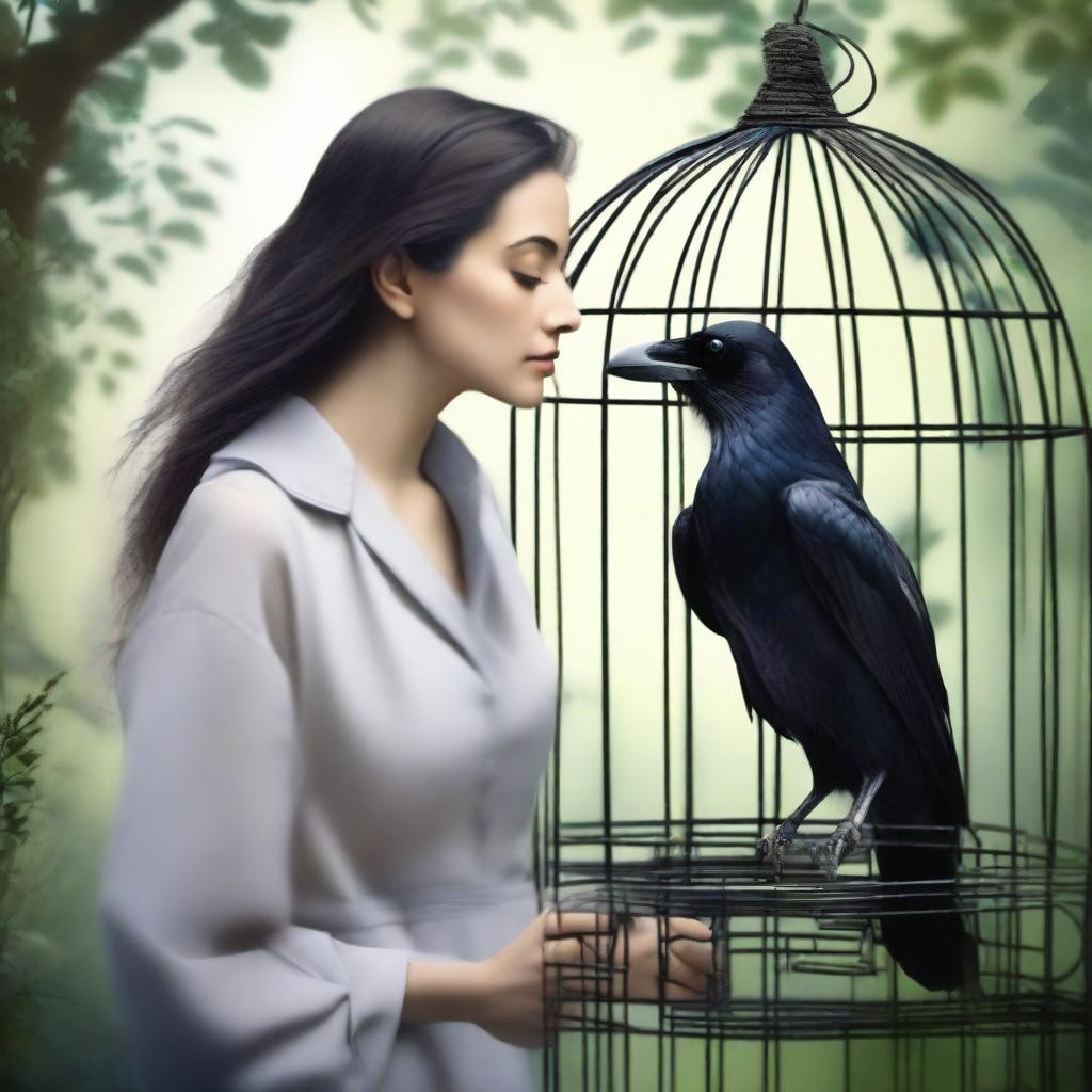 A raven trapped in a cage is discovered by a charming woman