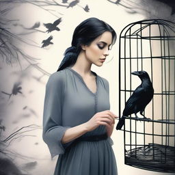 A raven trapped in a cage is discovered by a charming woman