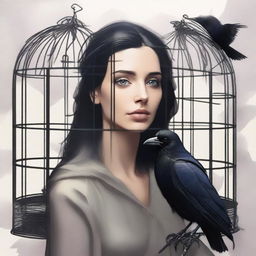 A raven trapped in a cage is discovered by a charming woman