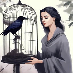 A raven trapped in a cage is discovered by a charming woman