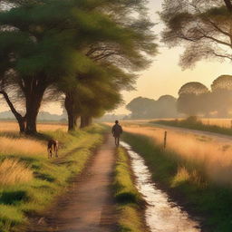 A picturesque rural road at dusk, with a gentle stream running alongside it