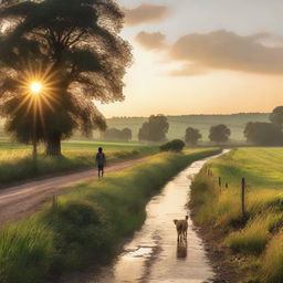 A picturesque rural road at dusk, with a gentle stream running alongside it