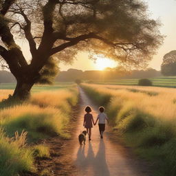 A picturesque rural road at dusk, with a gentle stream running alongside it