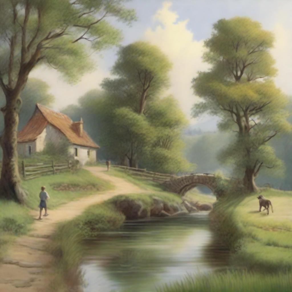 A charming rural scene featuring a winding road with a small creek running beside it