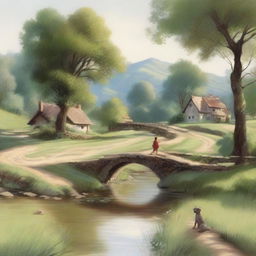 A charming rural scene featuring a winding road with a small creek running beside it