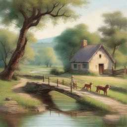 A charming rural scene featuring a winding road with a small creek running beside it