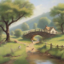 A charming rural scene featuring a winding road with a small creek running beside it