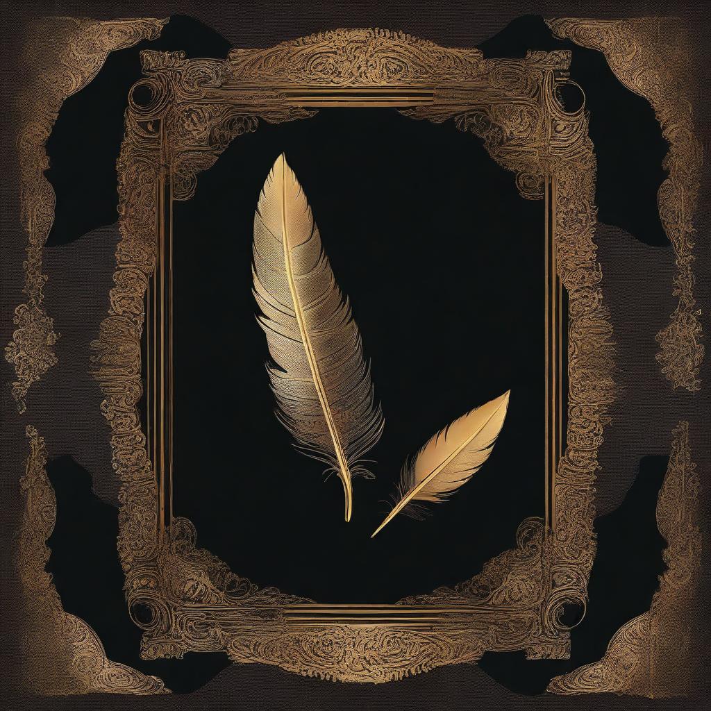 A book cover design featuring a dark background with a golden feather imprint in the center