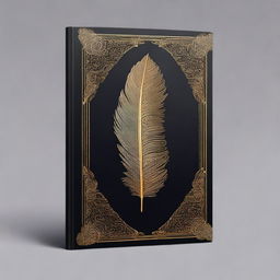 A book cover design featuring a dark background with a golden feather imprint in the center