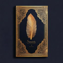 A book cover design featuring a dark background with a golden feather imprint in the center