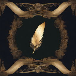 A book cover design featuring a dark background with a golden feather imprint in the center