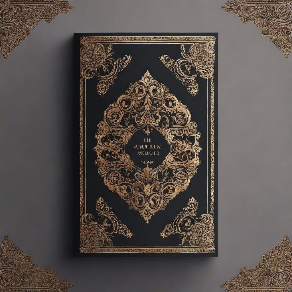 A book cover design featuring a dark background, bordered by intricate golden ornate designs