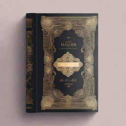 A book cover design featuring a dark background, bordered by intricate golden ornate designs