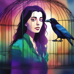 A colorful image depicting a woman who has betrayed her husband finding a raven trapped in a cage