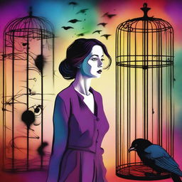 A colorful image depicting a woman who has betrayed her husband finding a raven trapped in a cage