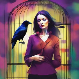 A colorful image depicting a woman who has betrayed her husband finding a raven trapped in a cage