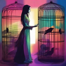 A colorful image depicting a woman who has betrayed her husband finding a raven trapped in a cage