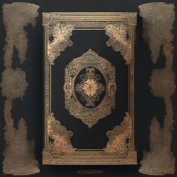 A book cover design featuring a dark background, bordered by intricate golden ornate designs