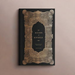 A book cover design featuring a dark background, bordered by intricate golden ornate designs