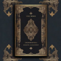 A book cover design featuring a dark background, bordered by intricate golden ornate designs