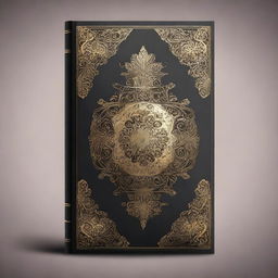 A book cover design with a dark background, bordered by intricate golden ornate designs