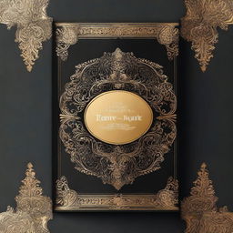 A book cover design with a dark background, bordered by intricate golden ornate designs