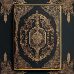 A book cover design with a dark background, bordered by intricate golden ornate designs