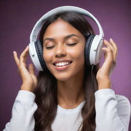 A radiant girl fully engaged in the sweet melody of music emanating from her headphones, lost in the rhythm and the beat.