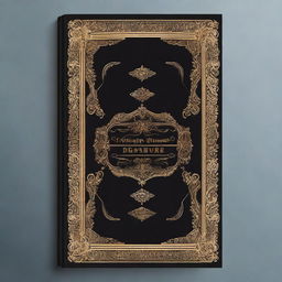 A book cover design with a dark background, bordered by intricate golden ornate designs