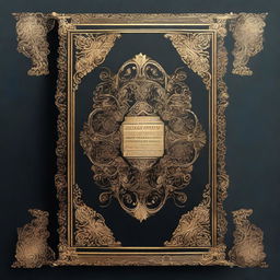 A book cover design with a dark background, bordered by intricate golden ornate designs