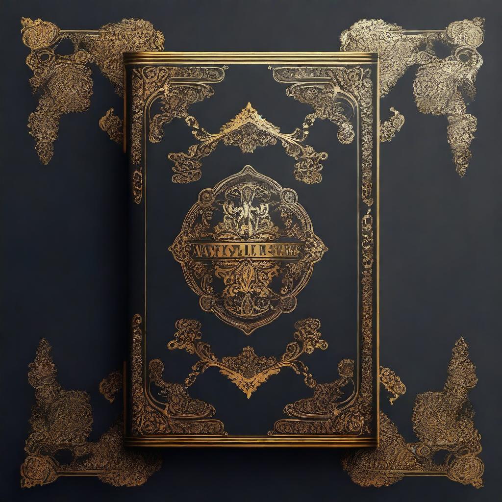 A book cover design with a dark background, bordered by intricate golden ornate designs