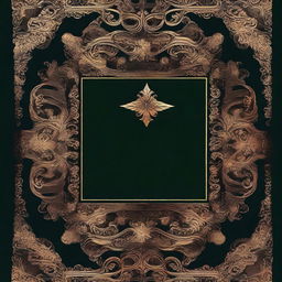 A book cover design with a dark background, bordered by intricate golden ornate designs