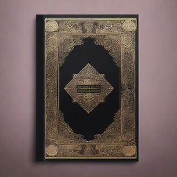 A book cover design with a dark background, bordered by intricate golden ornate designs