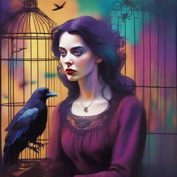 A colorful image of an adulteress who found a raven trapped in a cage