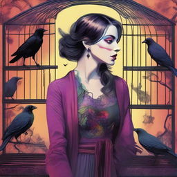 A colorful image of an adulteress who found a raven trapped in a cage