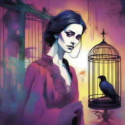 A colorful image of an adulteress who found a raven trapped in a cage