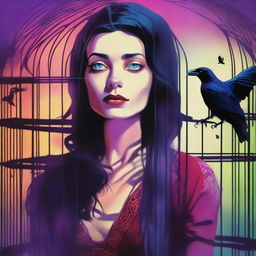 A colorful image of an adulteress who found a raven trapped in a cage