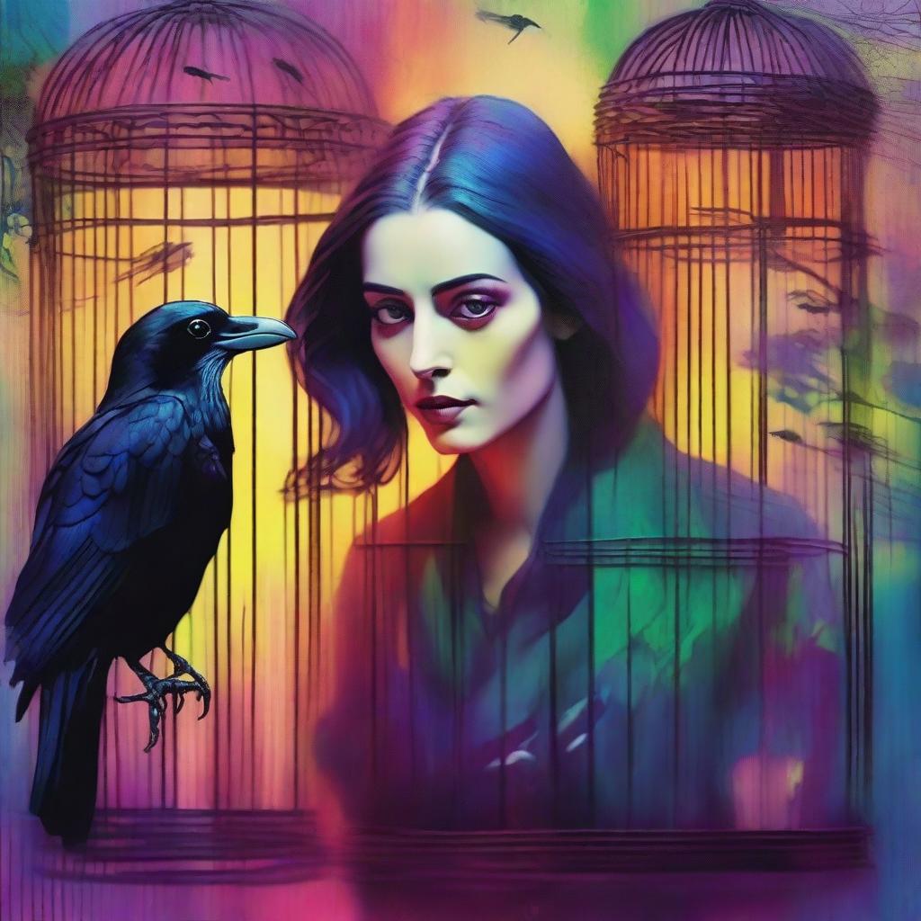 A colorful image of a mysterious woman who found a raven trapped in a cage