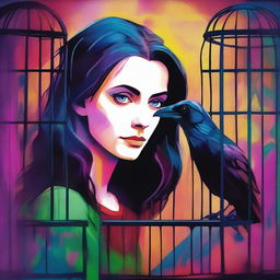 A colorful image of a mysterious woman who found a raven trapped in a cage