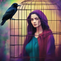 A colorful image of a mysterious woman who found a raven trapped in a cage