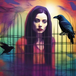 A colorful image of a mysterious woman who found a raven trapped in a cage